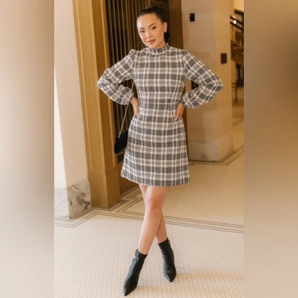 Ivy City Co Anne in Black White Plaid Tweed Mock Neck Sheath Dress Size XXL - Picture 1 of 6